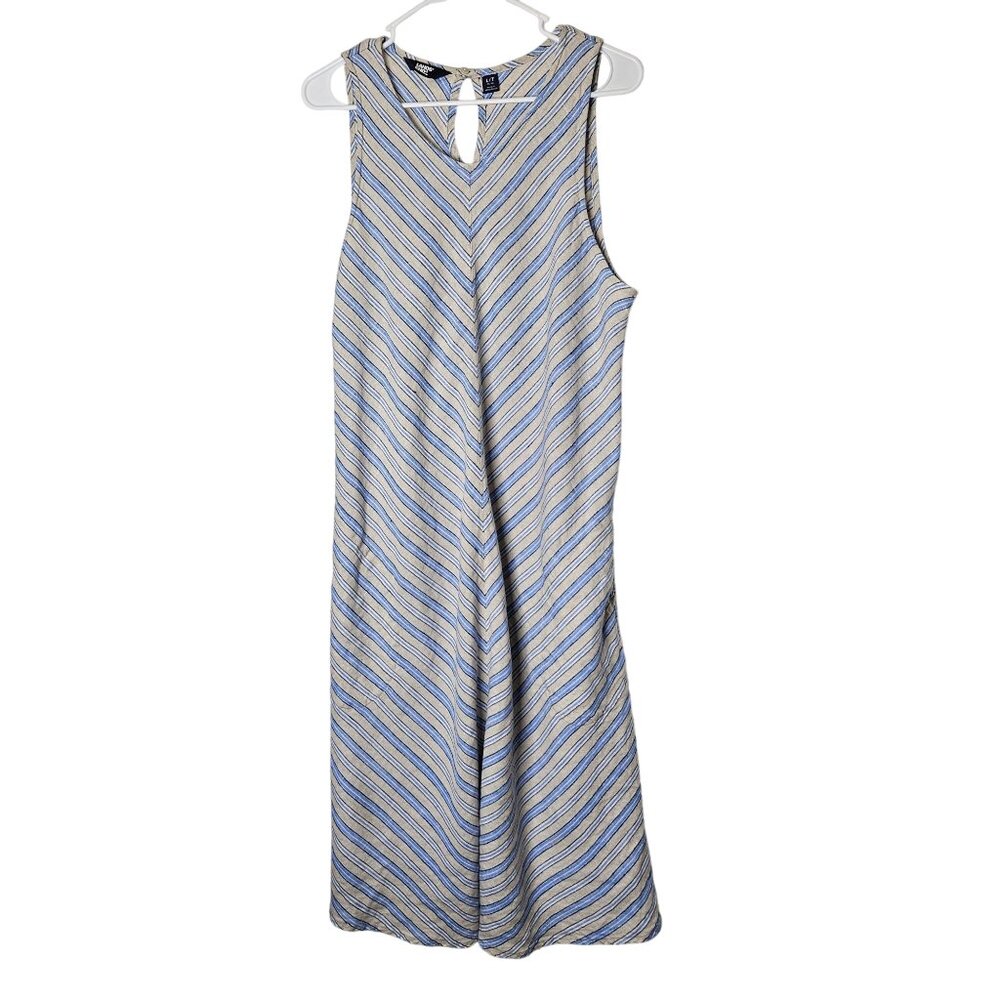 Lands End Womens Striped‎ Sleeveless Linen Dress Keyhole Back Pockets L Tall